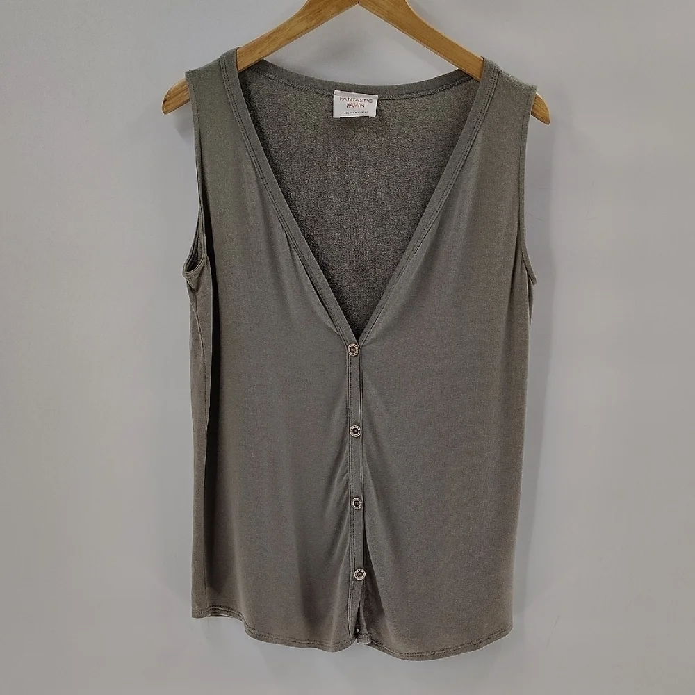 Fantastic Fawn Button Up Sleeveless Blouse Size Large Green V Neck Oversized